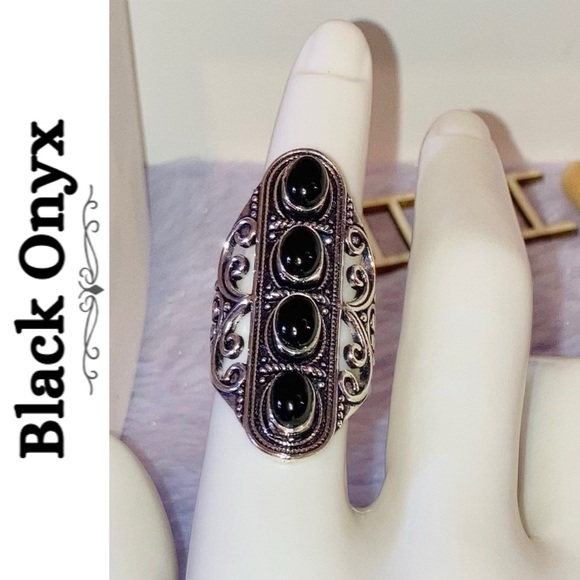 Black Onyx Gemstone Handmade Filigree Shield Armor Ring - Picture 2 of 7